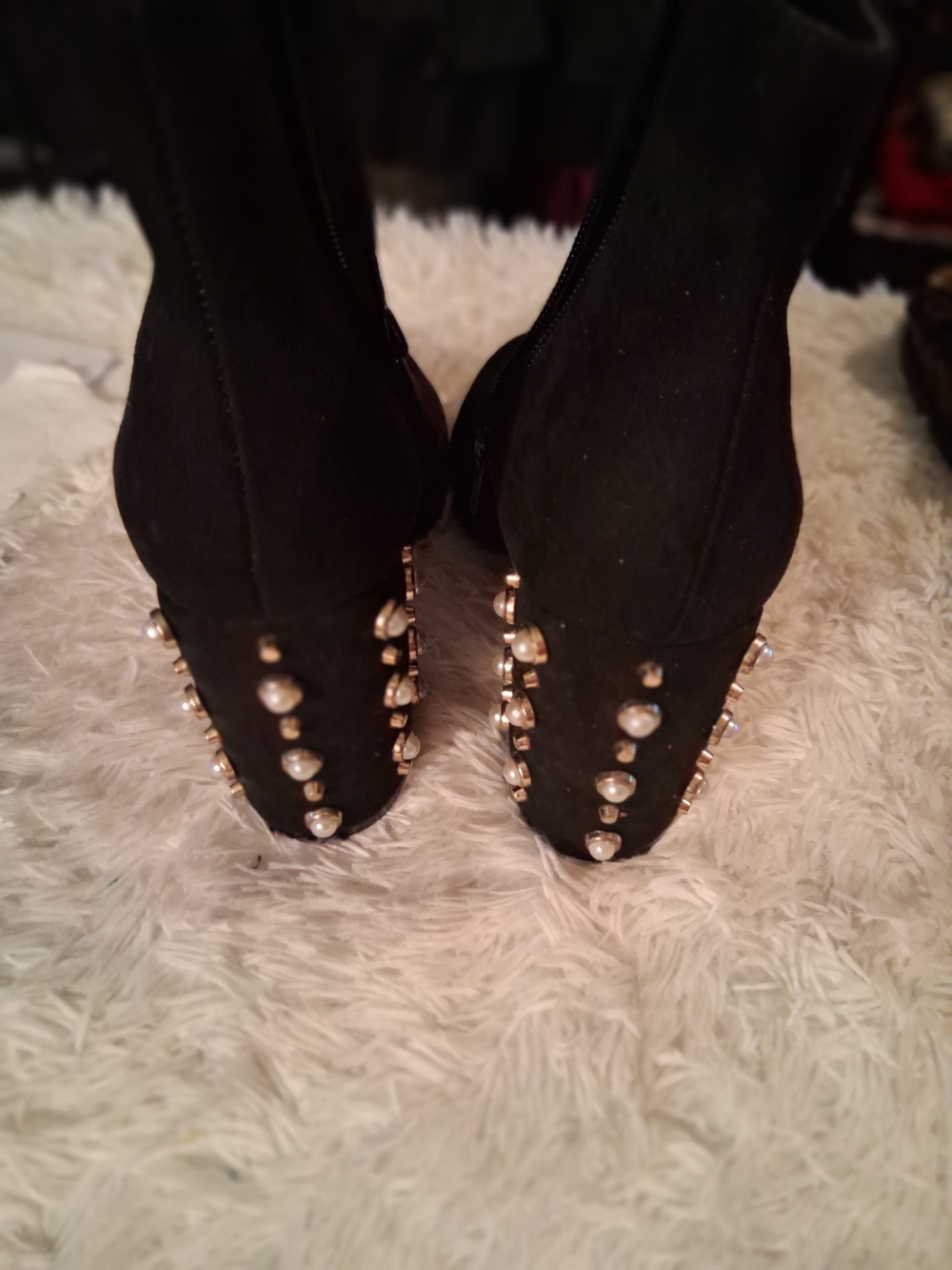 Steve Madden Black Ankle Boots with Pearl & Gold Stud Heel